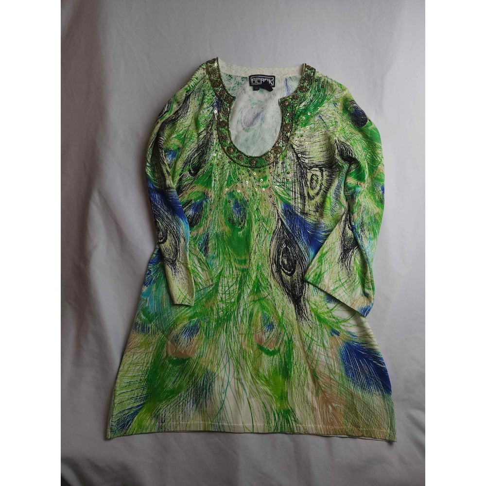 Berek Peacock‎ Feather Beaded Sequin Tunic Sweater Green Blue Womens Medium